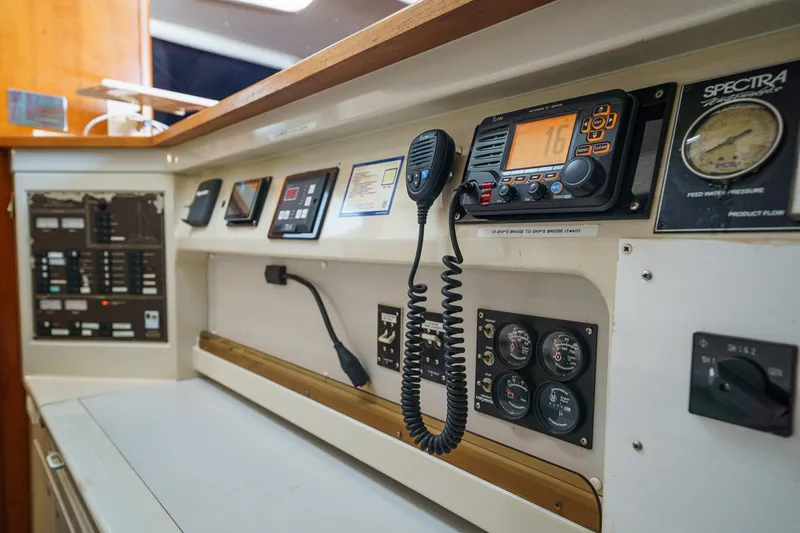 Solitude Yacht Photos Pics Control panel of a 1995 Prout 45 yacht with radio and gauges.