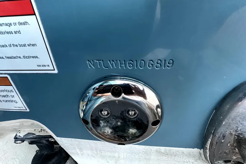 Killer B Yacht Photos Pics 2019 Grady-White Canyon 336 boat hull identification number and warning labels.