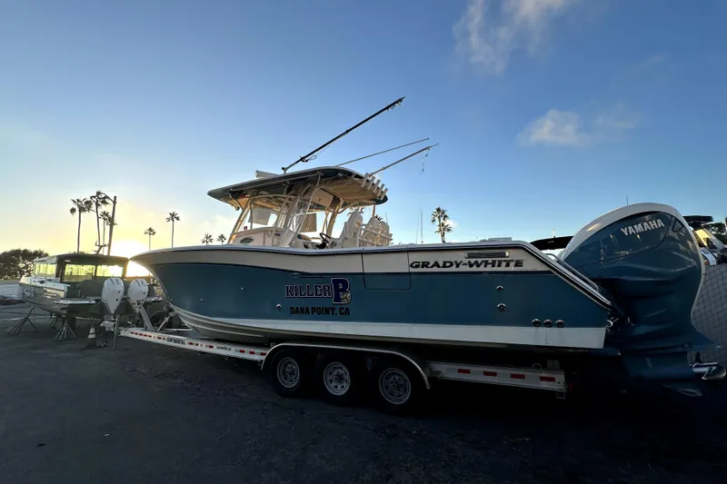Killer B Yacht Photos Pics 2019 Grady-White Canyon 336 boat on trailer at sunset, Dana Point, CA.