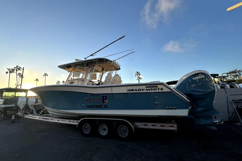 Killer B Yacht Photos Pics 2019 Grady-White Canyon 336 boat on trailer at sunset, Dana Point, CA.