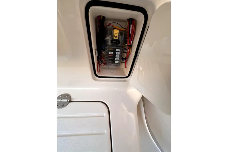 Killer B Yacht Photos Pics Electrical panel inside 2019 Grady-White Canyon 336 boat, featuring wiring and fuse box.