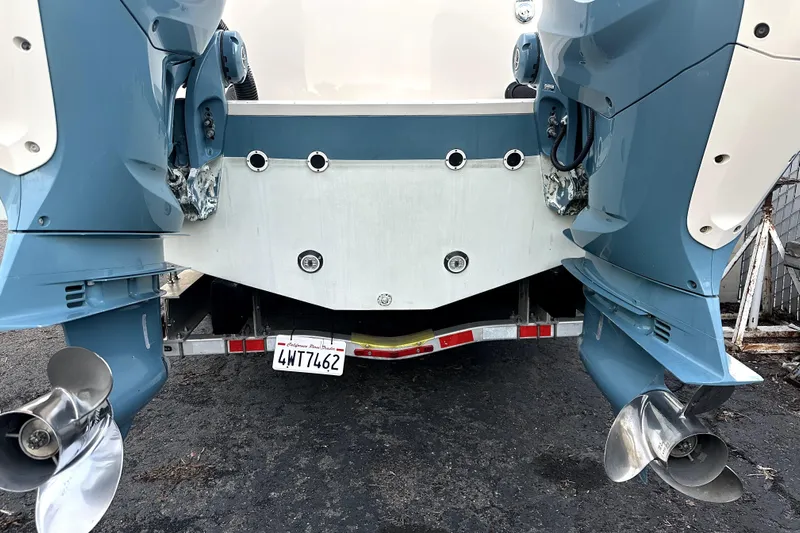 Killer B Yacht Photos Pics Rear view of 2019 Grady-White Canyon 336 boat with dual outboard motors.