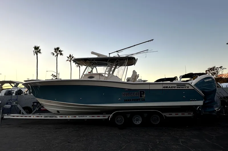 Killer B Yacht Photos Pics 2019 Grady-White Canyon 336 boat on trailer at sunset, Dana Point, CA.