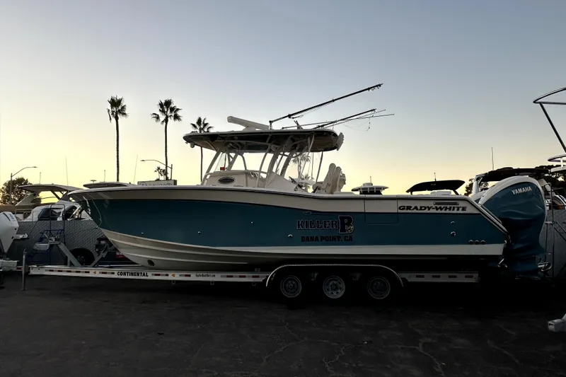 Killer B Yacht Photos Pics 2019 Grady-White Canyon 336 boat on trailer at sunset, Dana Point, CA.