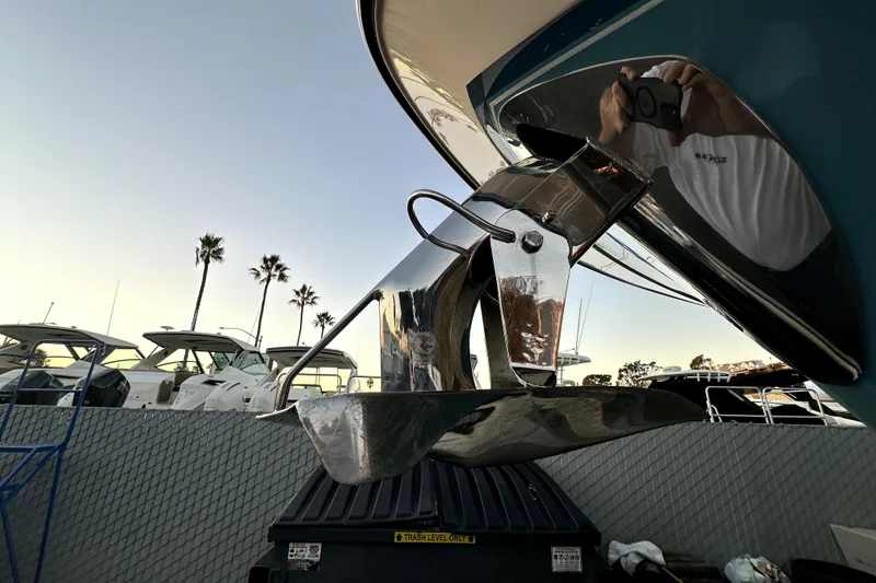 Killer B Yacht Photos Pics 2019 Grady-White Canyon 336 boat anchor with palm trees in the background.