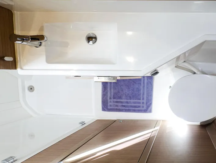 Cloud Walker Yacht Photos Pics 2024 Lagoon 40 yacht bathroom with modern sink, toilet, and purple mat.