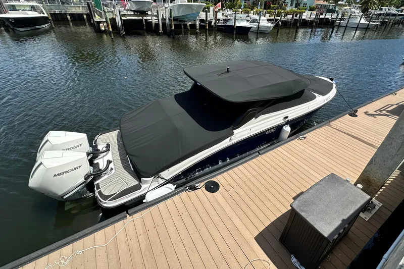  Yacht Photos Pics 2025 Sea Ray SLX 280 Outboard boat docked with dual Mercury engines.
