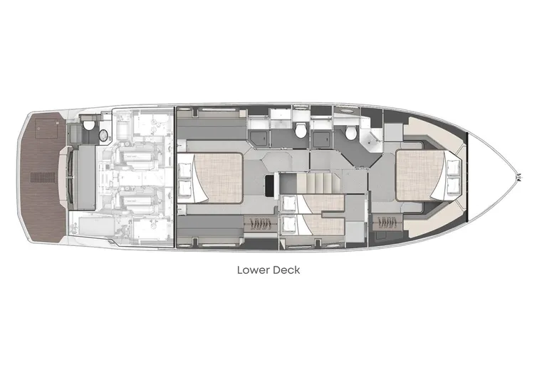  Yacht Photos Pics Lower deck layout of 2023 Cranchi E52F yacht, featuring cabins and amenities.