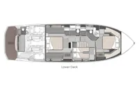 Lower deck layout of 2023 Cranchi E52F yacht, featuring cabins and amenities.