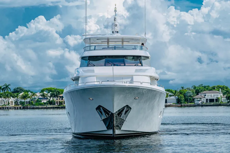 Lila Cuy Yacht Photos Pics Luxurious 2006 Westport w112 yacht on serene water with cloudy sky backdrop.