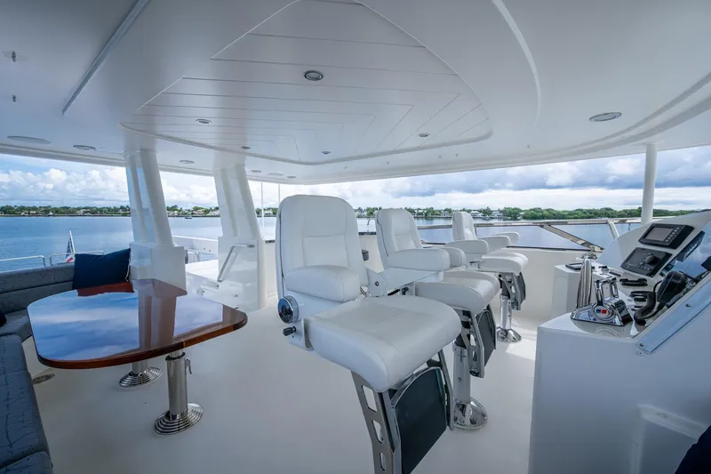 Lila Cuy Yacht Photos Pics Luxurious 2006 Westport w112 yacht helm with white seating and scenic water view.