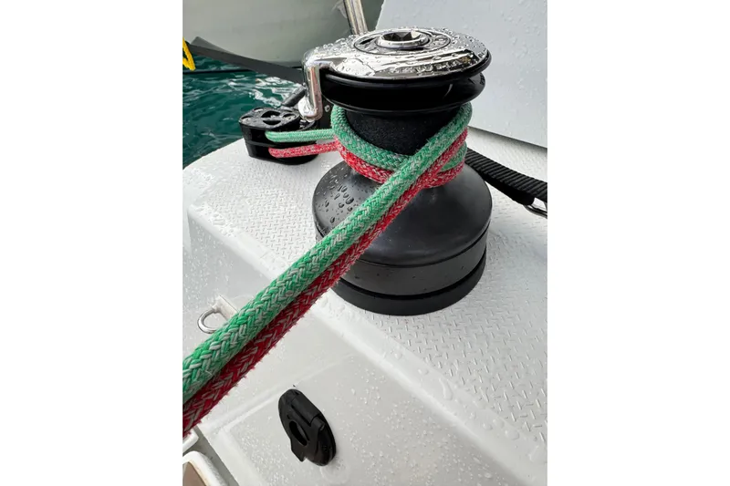 Family Therapy Yacht Photos Pics Winch with colorful ropes on 2023 Fountaine Pajot Elba 45 Catamaran deck.