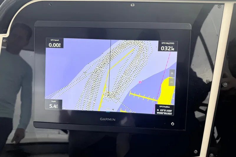  Yacht Photos Pics Garmin navigation display on 2009 Carver 44 Sojourn yacht, showing GPS data and map.