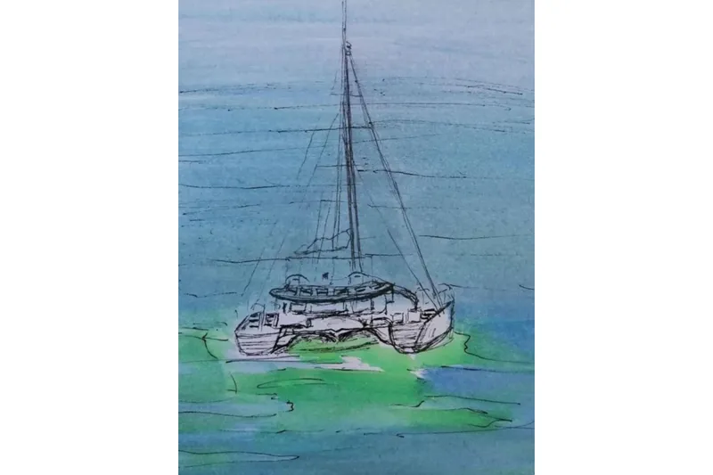  Yacht Photos Pics Illustration of a 2014 Lagoon 560 S2 catamaran sailing on blue-green waters.