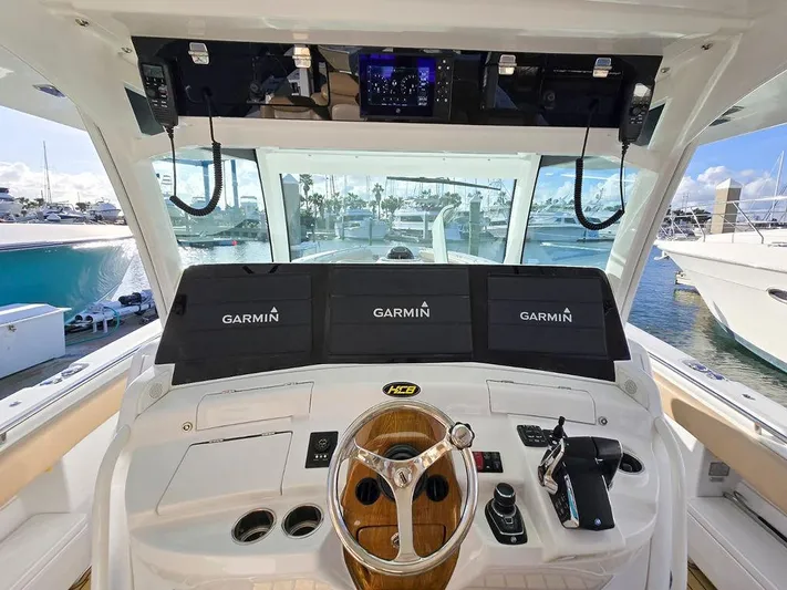 Hcb Yacht Photos Pics 2023 HCB Suenos helm with Garmin displays, showcasing advanced navigation technology.