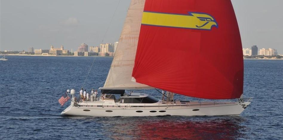 Sailing yacht "Able Custom 97'" 1993 with red sail on open water.