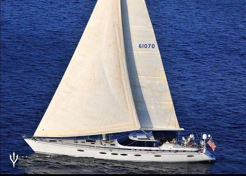 Sailing yacht "Able Custom 97'" from 1993 on open blue sea.