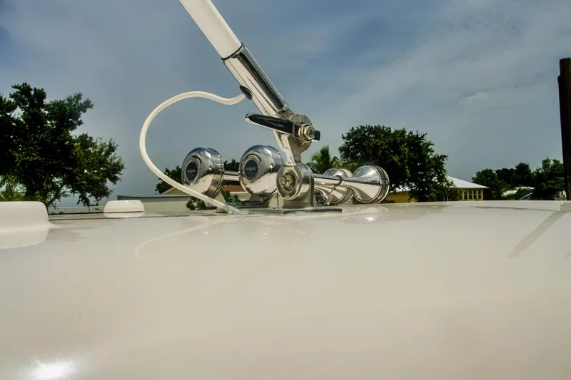  Yacht Photos Pics 2020 Regal 38 XO yacht deck with chrome fittings and clear sky.