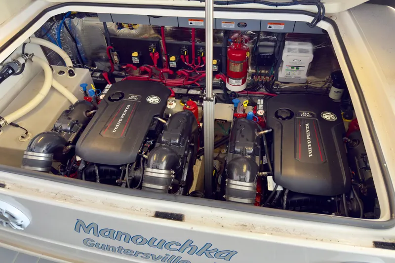  Yacht Photos Pics Engine compartment of a 2020 Regal 33 Express boat with Volvo Penta engines.