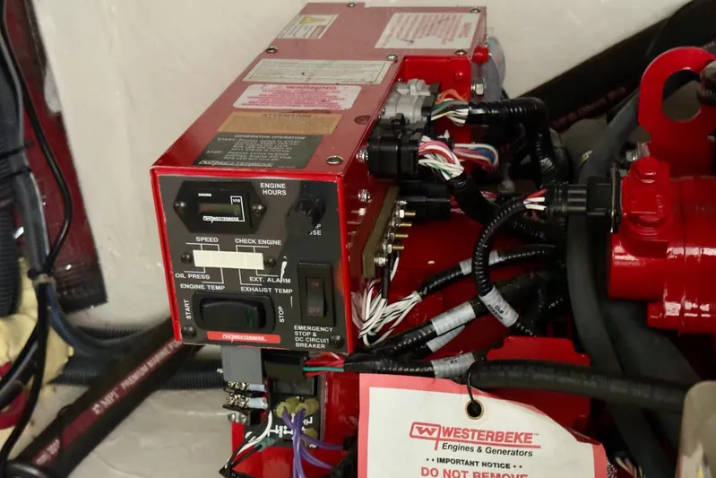  Yacht Photos Pics Engine control panel of a 2020 Regal 33 Express boat, featuring Westerbeke components.