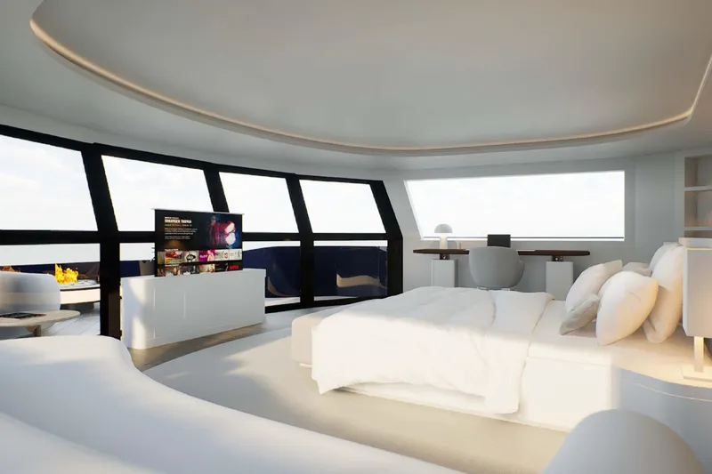  Yacht Photos Pics Futuristic luxury bedroom with panoramic windows, modern decor, and entertainment system, 2026 design.