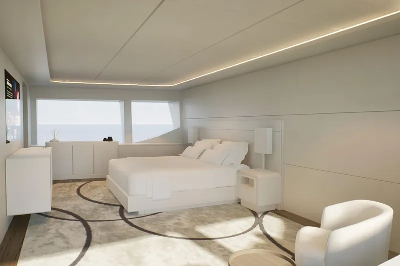  Yacht Photos Pics Modern minimalist bedroom with ocean view, featuring sleek design and ambient lighting, 2026.