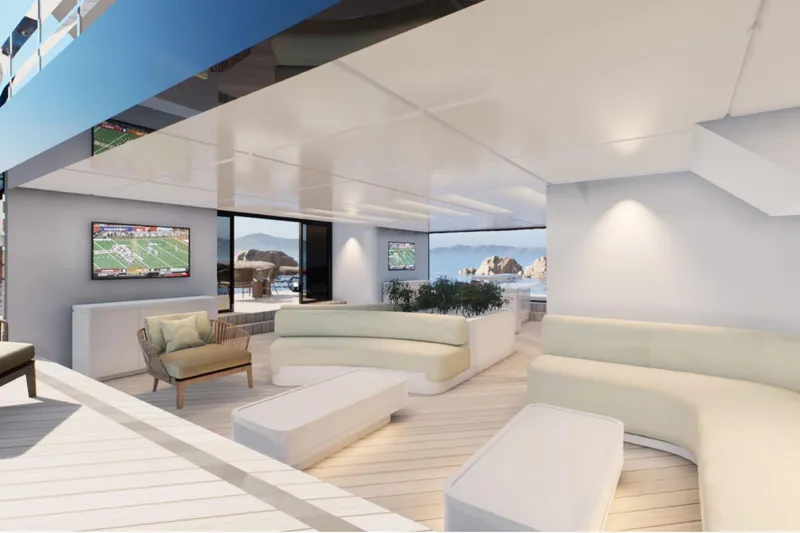  Yacht Photos Pics Luxurious yacht interior with modern seating, TVs, and ocean view, 2026 custom design.