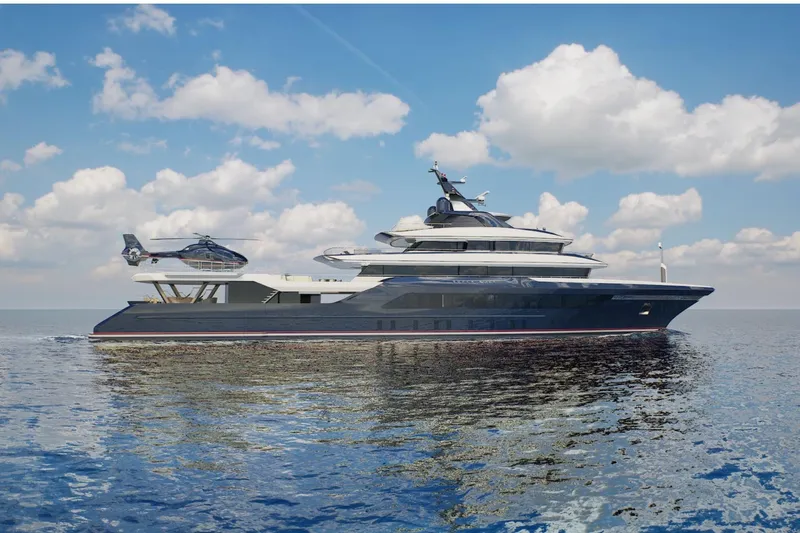  Yacht Photos Pics Luxurious custom yacht with helicopter on deck, cruising under a clear sky, 2026 model.