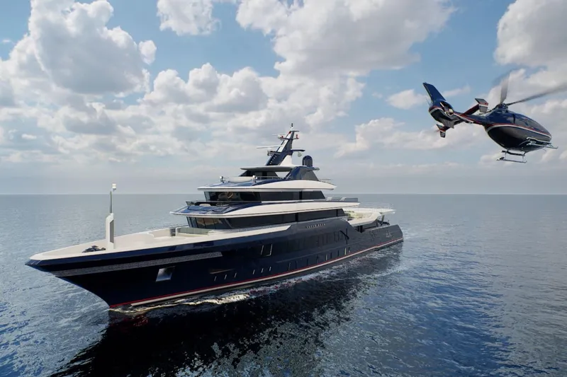  Yacht Photos Pics Luxurious custom yacht with helicopter, 2026 model, cruising under a partly cloudy sky.