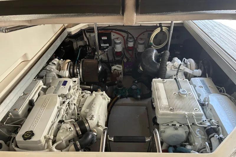 My Marilyn Yacht Photos Pics Engine compartment of a 2013 Sea Ray 470 Sundancer yacht, showcasing twin engines.