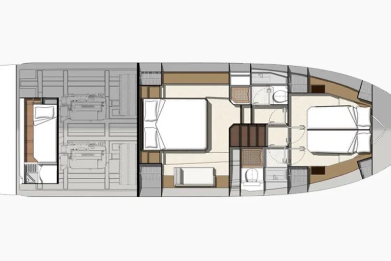  Yacht Photos Pics Floor plan of 2020 Prestige 460 yacht, featuring bedrooms, bathrooms, and engine room layout.