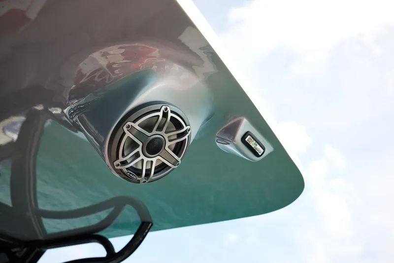  Yacht Photos Pics Close-up of 2025 Midnight Express 37' Open boat speaker and light against sky.