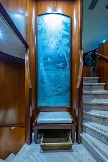 La Sirena Yacht Photos Pics Luxurious yacht interior with etched glass panel, wooden accents, and staircase. Christensen 141 Raised Pilothouse, 2000.