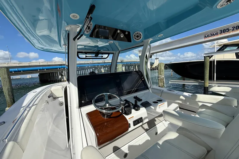  Yacht Photos Pics 2020 Sportsman Open 352 Center Console boat interior with modern helm and seating.