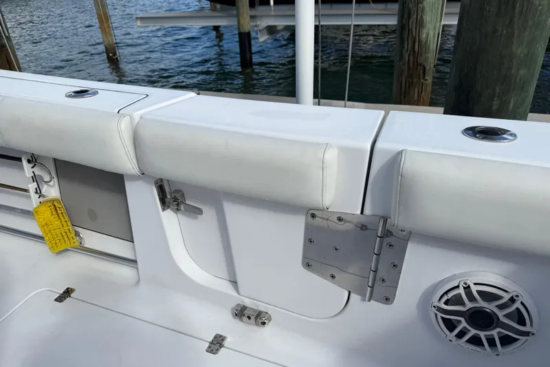  Yacht Photos Pics 2020 Sportsman Open 352 Center Console boat interior with cushioned seating and speaker.