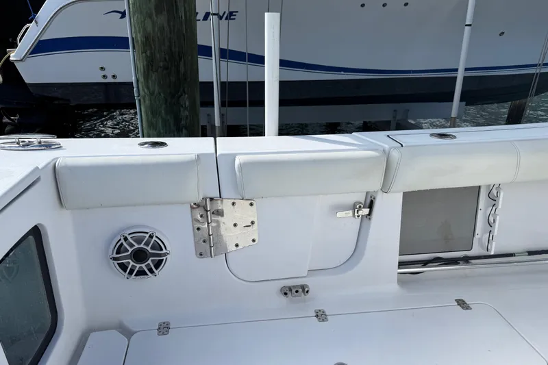  Yacht Photos Pics 2020 Sportsman Open 352 Center Console boat interior with speaker and seating.