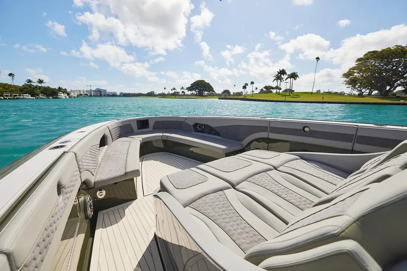  Yacht Photos Pics Luxurious 2025 Midnight Express 52' Vitesse boat interior on a sunny day.