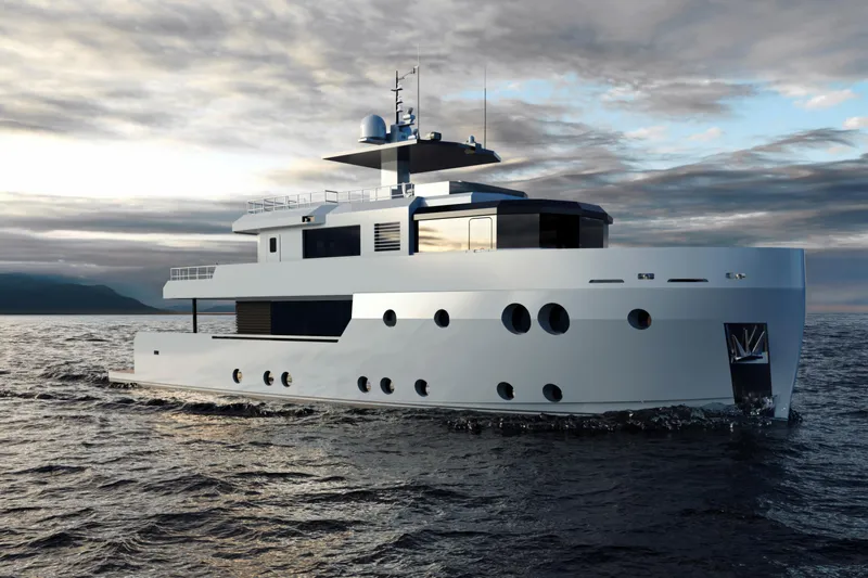 Mako Shark Yacht Photos Pics Modern 2027 yacht by Tufan and Brothers Yachting Co on open sea at sunset.