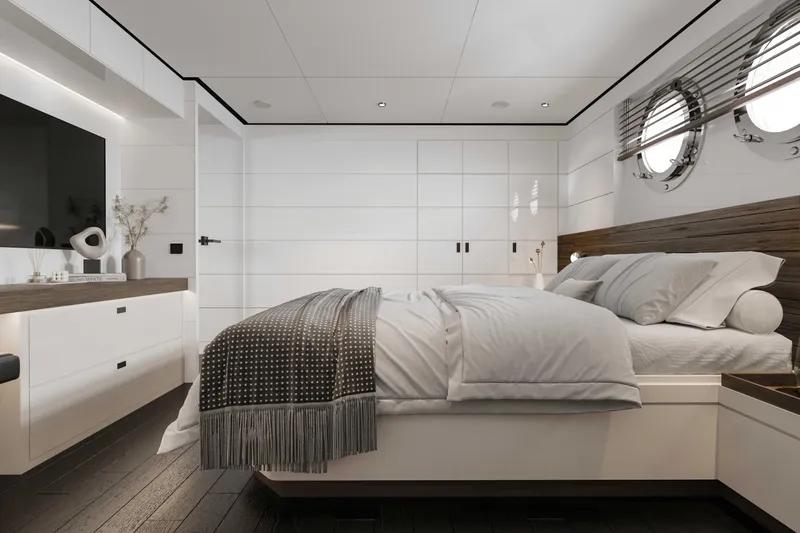 Mako Shark Yacht Photos Pics Luxurious yacht bedroom interior with modern decor, featuring a cozy bed and stylish furnishings, 2027 model.