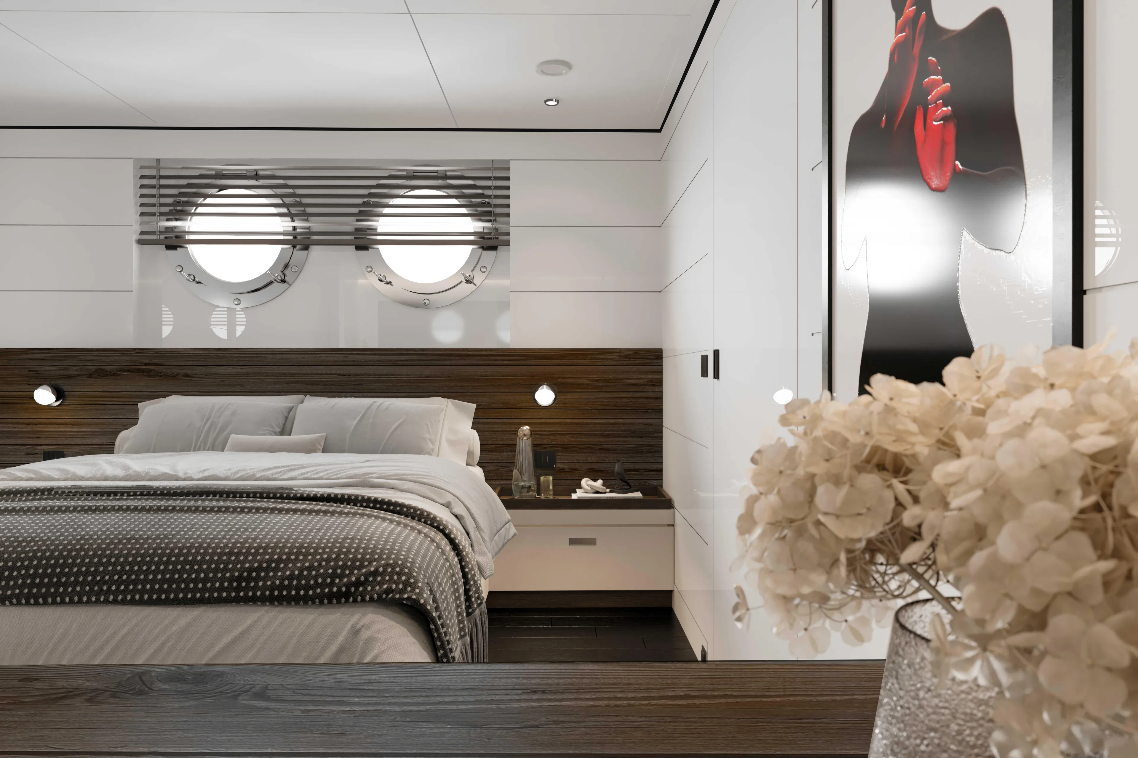 Mako Shark Yacht Photos Pics Luxurious yacht bedroom with modern decor, featuring porthole windows and elegant bedding, 2027 model.