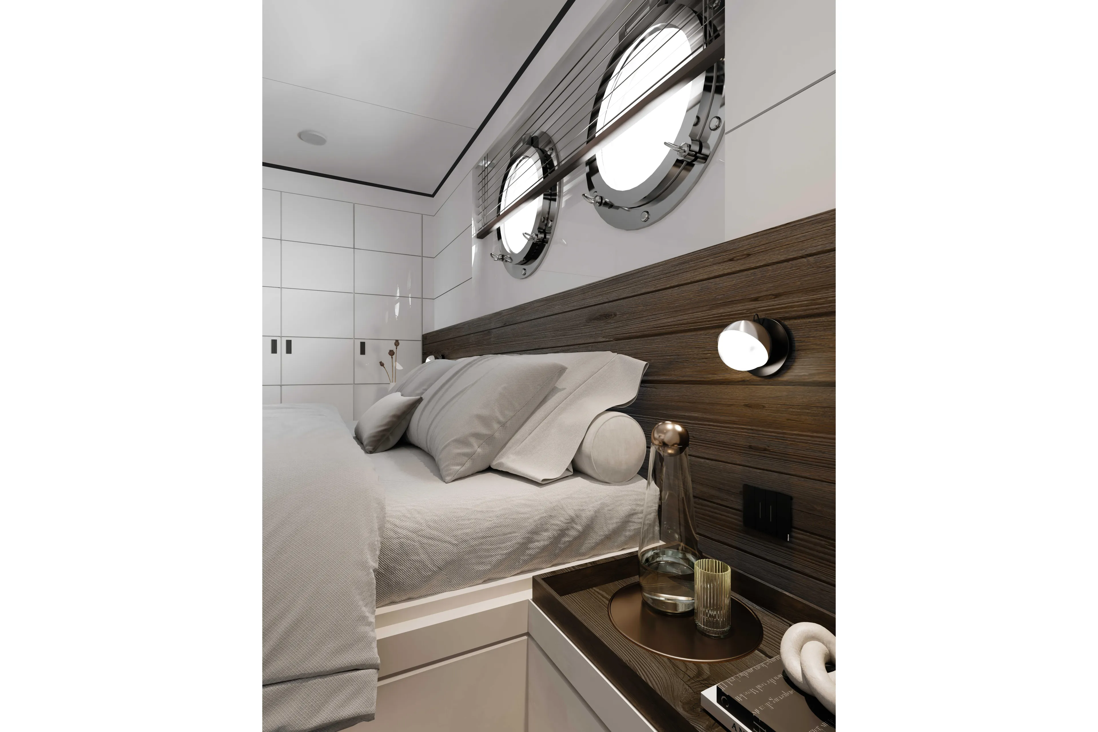 Mako Shark Yacht Photos Pics Luxurious yacht bedroom interior with porthole windows, modern design, and elegant decor, 2027 model.