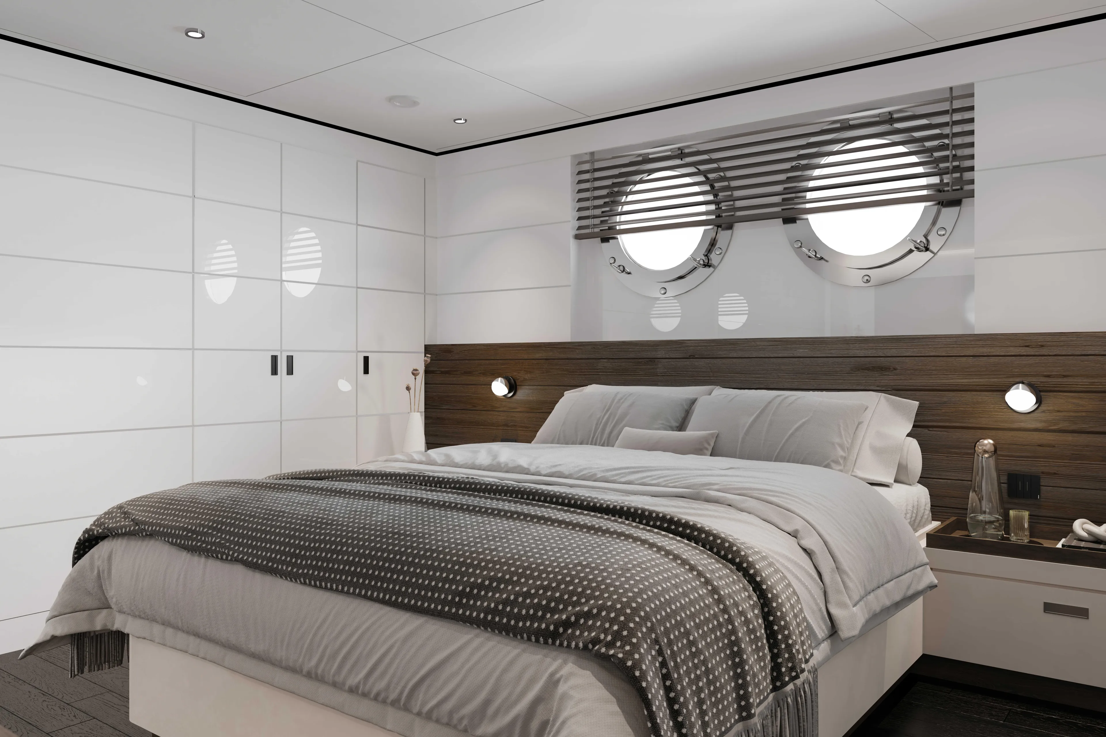 Mako Shark Yacht Photos Pics Luxurious yacht bedroom with modern decor, circular windows, and cozy bedding, Tufan and Brothers Yachting Co 2027.