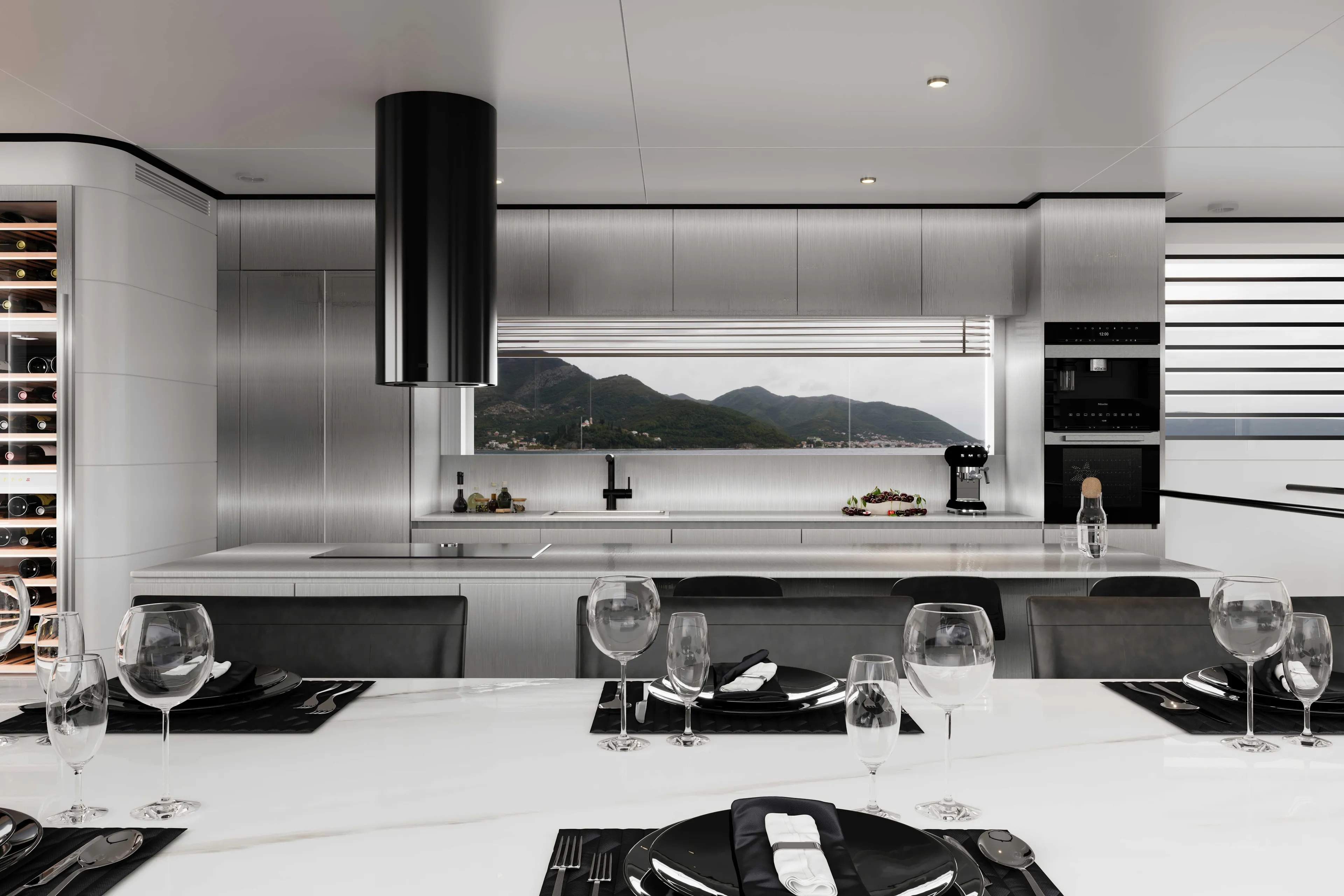 Mako Shark Yacht Photos Pics Luxurious yacht kitchen interior with modern design, featuring elegant dining setup and scenic window view.