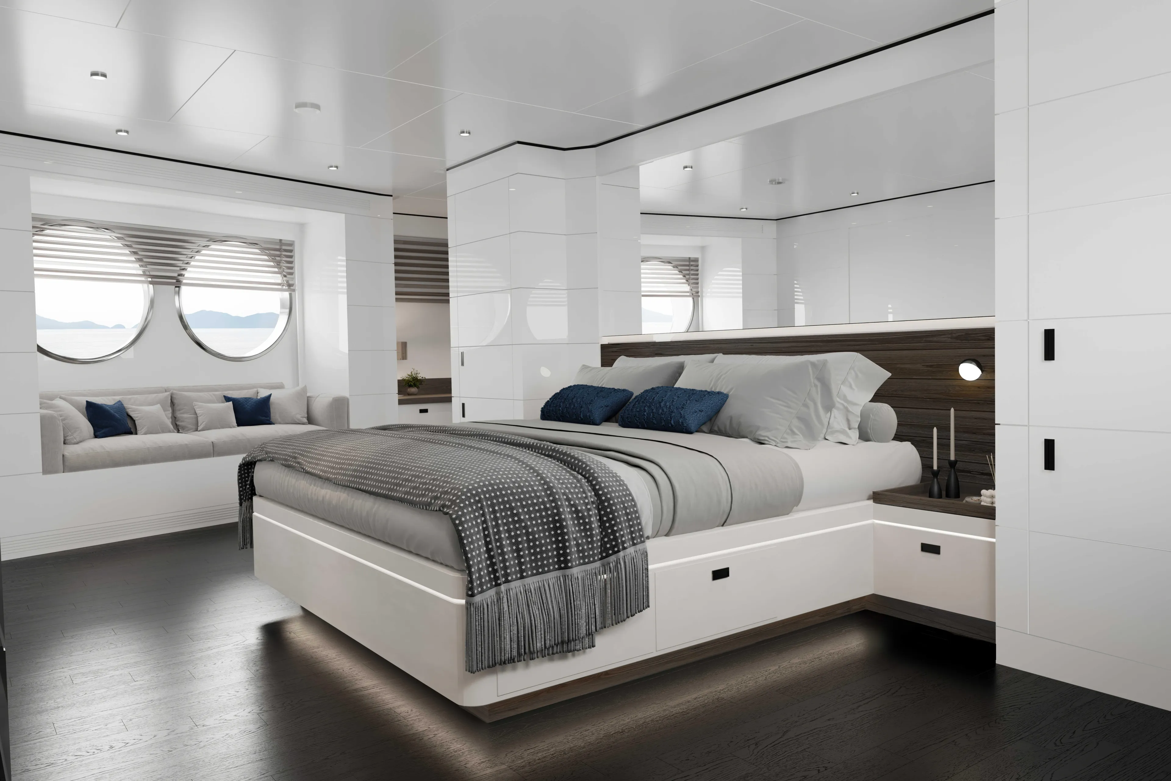 Mako Shark Yacht Photos Pics Luxurious yacht bedroom interior by Tufan and Brothers Yachting Co, model 2027, featuring modern design.