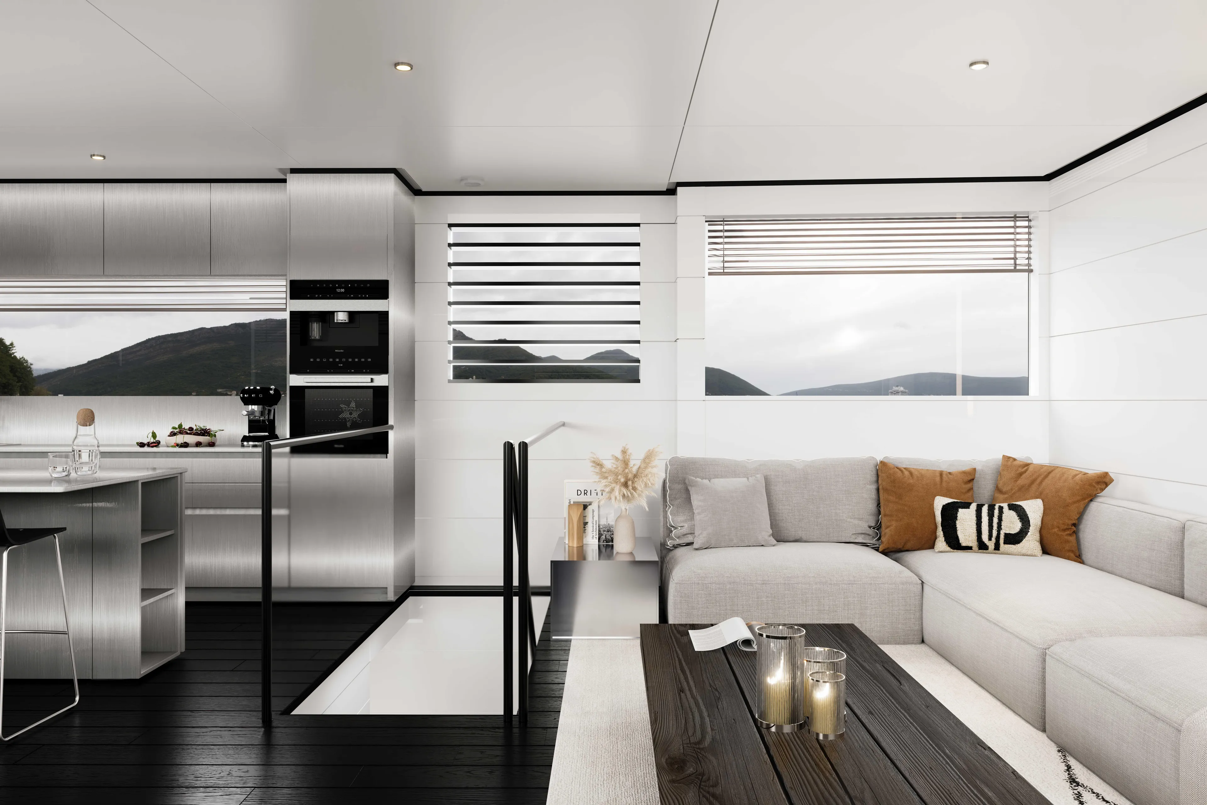 Mako Shark Yacht Photos Pics Luxurious yacht interior with modern kitchen and cozy seating, Tufan and Brothers Yachting Co 2027 model.