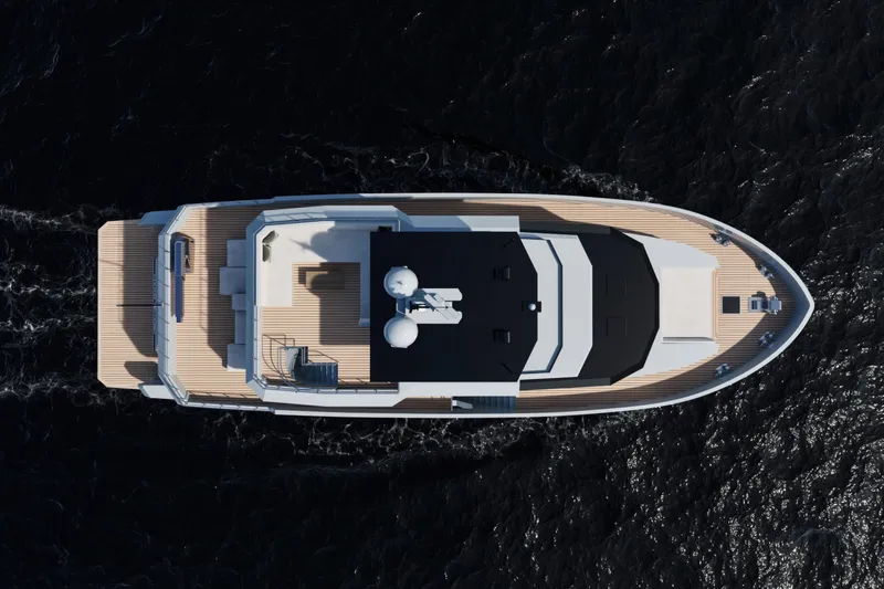 Mako Shark Yacht Photos Pics Top view of Tufan and Brothers Yachting Co 2027 model yacht on the water.