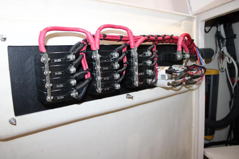  Yacht Photos Pics Electrical panel with circuit breakers and wiring on a 2018 Jupiter 30 HFS boat.