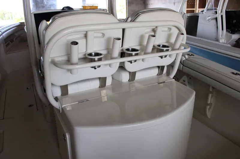  Yacht Photos Pics Interior of 2018 Jupiter 30 HFS boat featuring rod holders and seating.