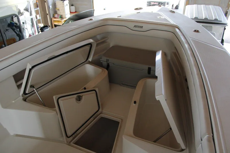  Yacht Photos Pics 2018 Jupiter 30 HFS boat interior with open storage compartments.