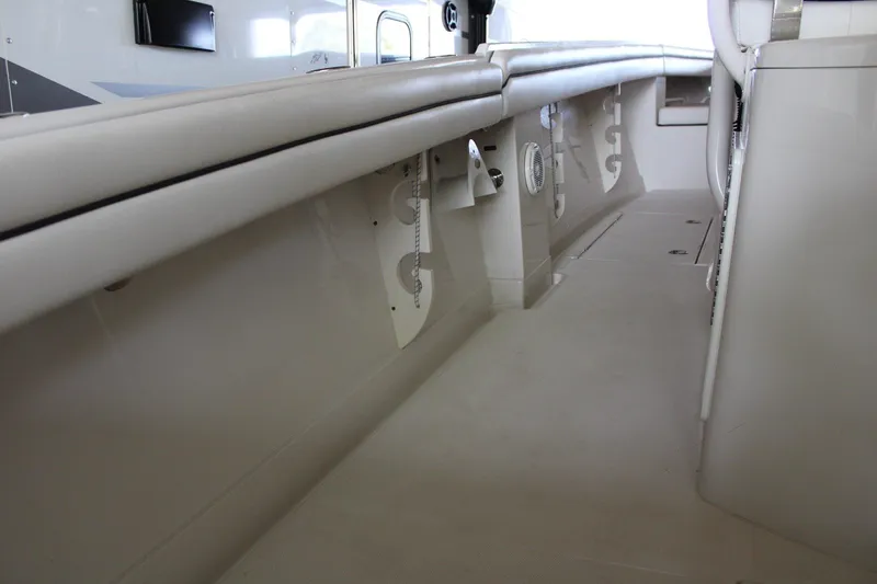  Yacht Photos Pics Interior view of a 2018 Jupiter 30 HFS boat, showcasing sleek design and storage features.
